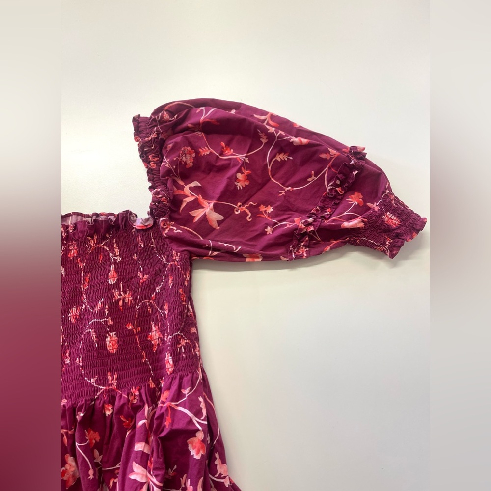 Hill House Home Midi Nesli Tiered Nap Dress in Burgundy Botanical Floral XS - Picture 4 of 12